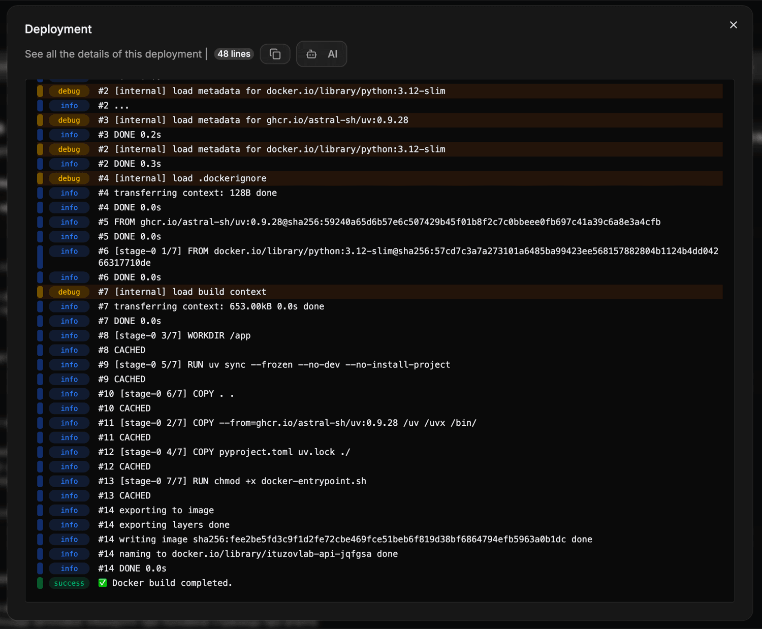 Окно Deployment в Dokploy: лог сборки Docker со слоями CACHED и финальной строкой «Docker build completed»
