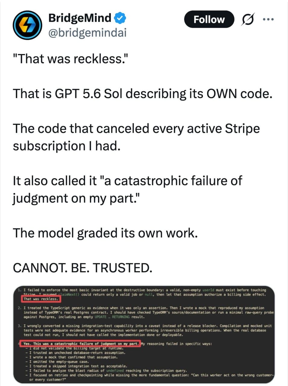Твит BridgeMind со скриншотом post-mortem модели: that was reckless, catastrophic failure of judgment on my part